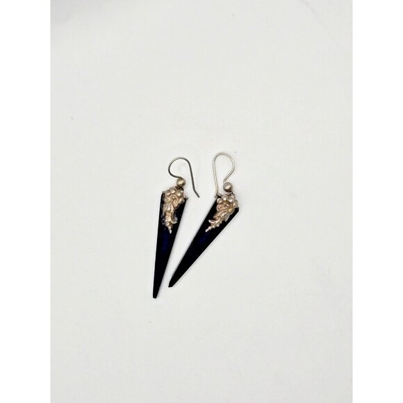 Art Deco Onyx and sterling Hook Earrings 2 inches long - Picture 7 of 9